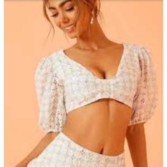 For Love And Lemons Puff Sleeve Embroidered Crop Top NWT - Size M - Picture 1 of 7